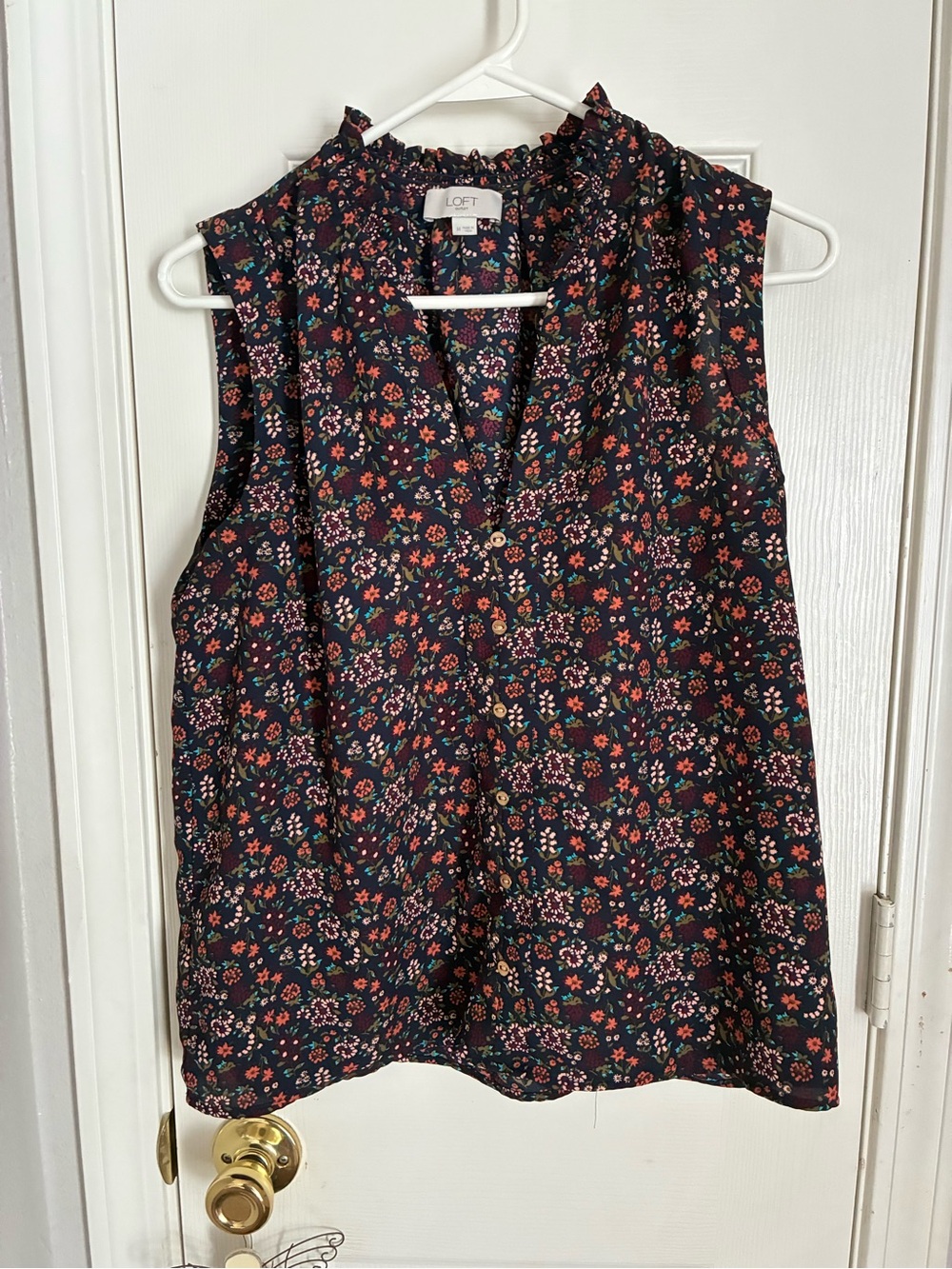 LOFT Navy Floral Ruffle V-Neck Sleeveless Blouse